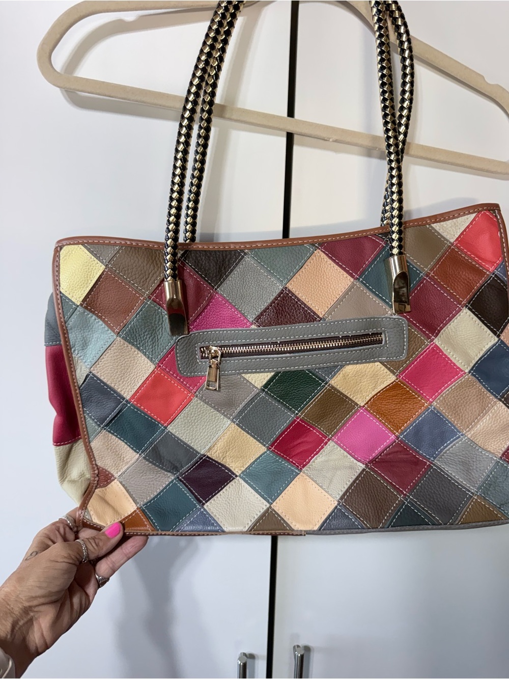 Multicolor Diamond Patchwork Leather Tote Bag - Picture 4 of 9